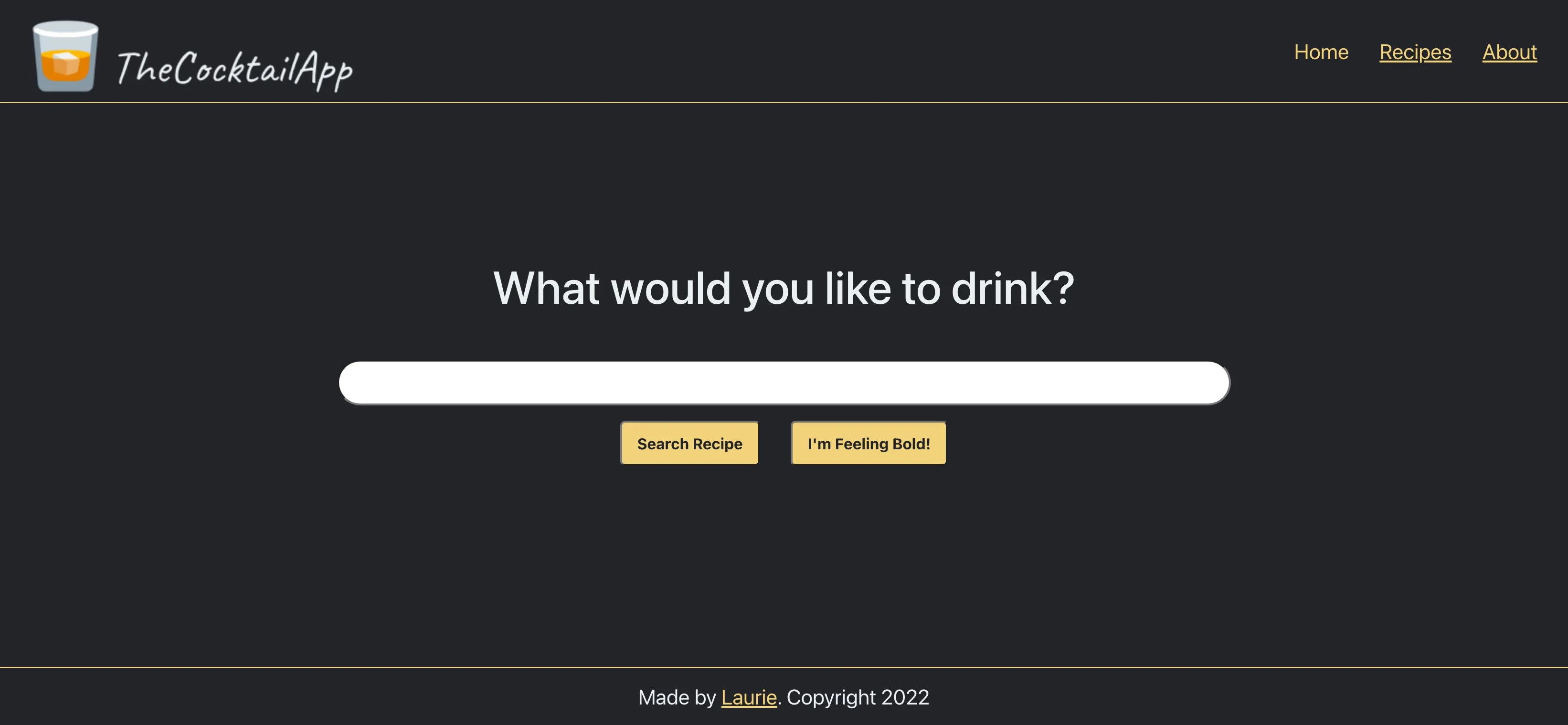 Screenshot of theCocktailApp homepage