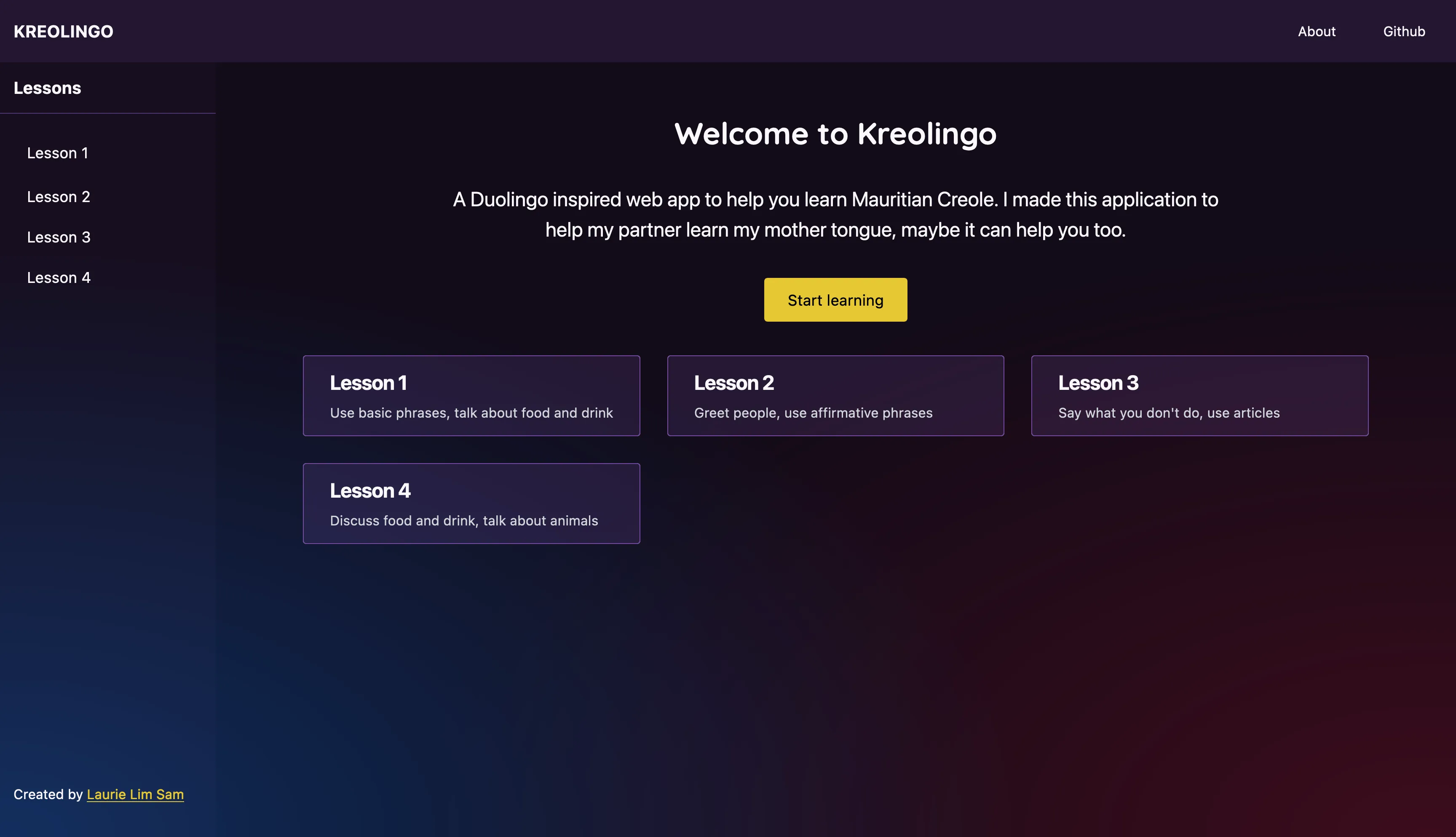 Screenshot of Kreolingo's homepage.