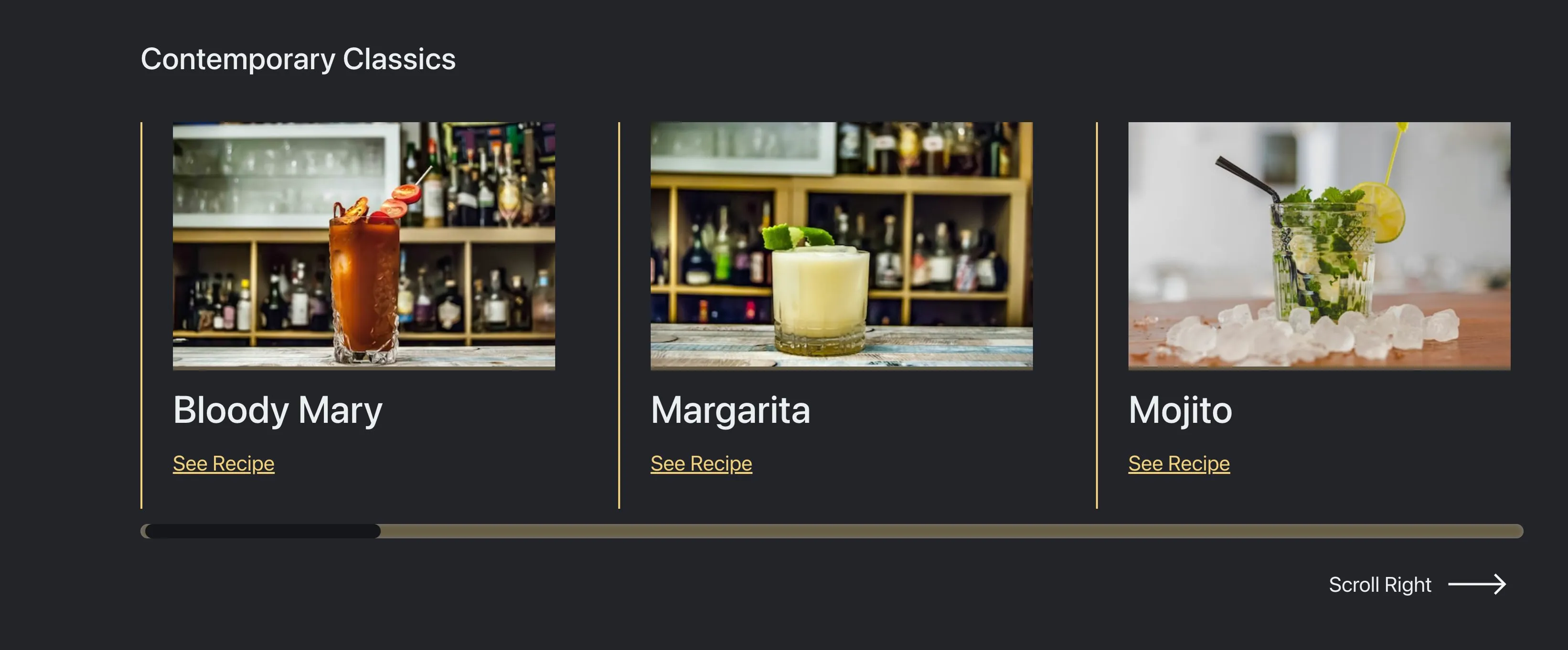 Screenshot of the page of recipes from theCocktailApp